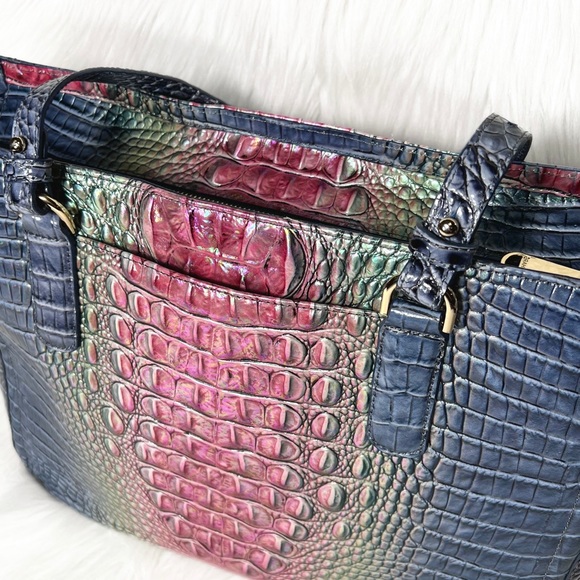 SOLD-Brahmin Iridescent Oil Slick Ombre Blue Pink Croc Leather Shoulder Bag - Picture 5 of 12